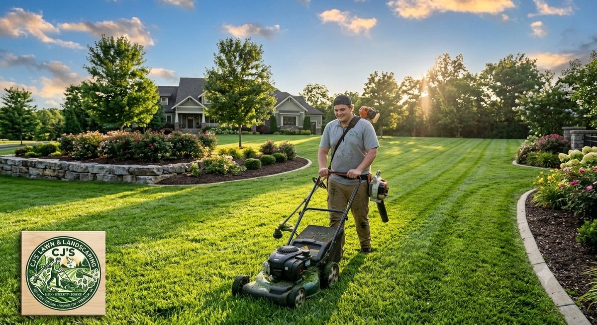 Colson mowing a residential lawn with his push mower at golden hour in Franklin, Tennessee